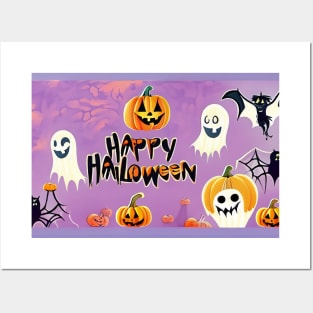 Halloween Background with Pumpkins, Ghosts, Bats, and Spiders Posters and Art